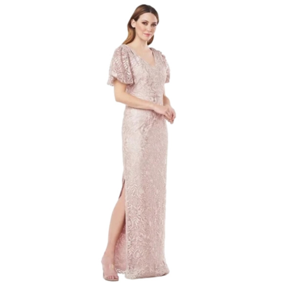 JS COLLECTIONS RIVER PUFF SLEEVE lace COLUMN GOWN dress Size 8 Blush new!!! - Picture 2 of 16